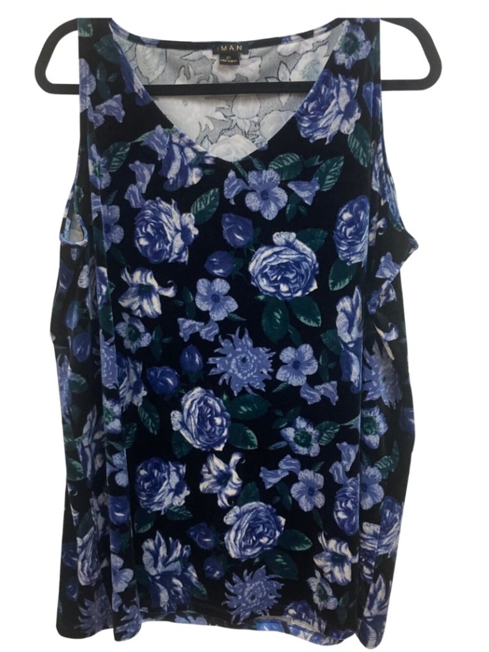 Man Brand Velour Feel Sleeveless Black Top Blue & Green Floral pattern Size 2X